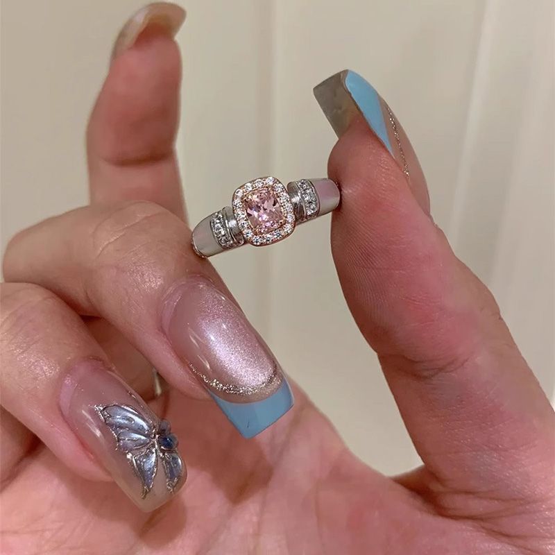 Wholesale Vintage Pink Sugar Cube Small Diamond Ring for Women,  Socialite Style