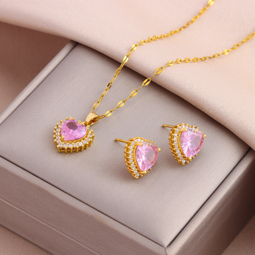 Wholesale Titanium Steel Zircon Earring Necklace Set
