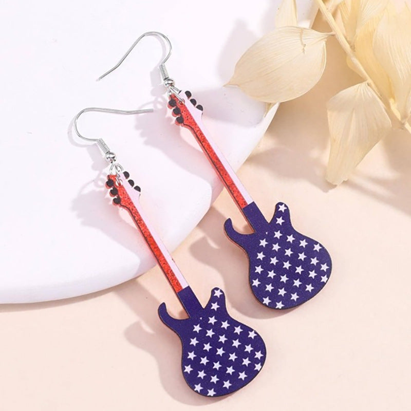 Wholesale Independence Day American Flag Cute Guitar Earrings