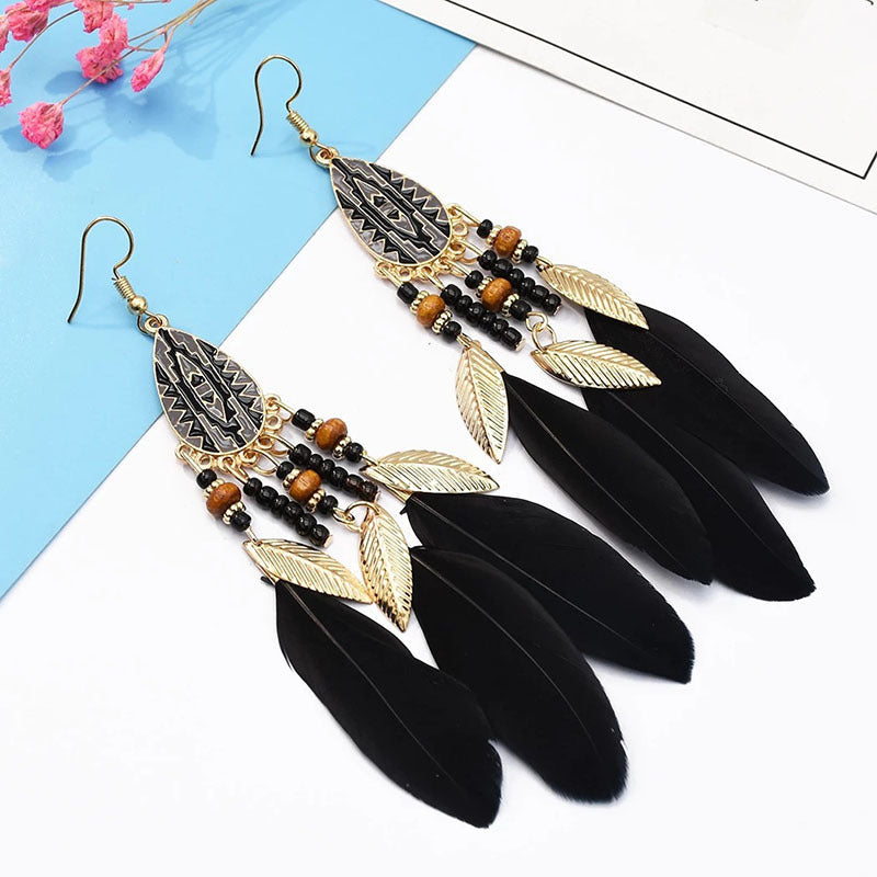 Wholesale Retro Pattern Long Rice Bead Tassel Earrings