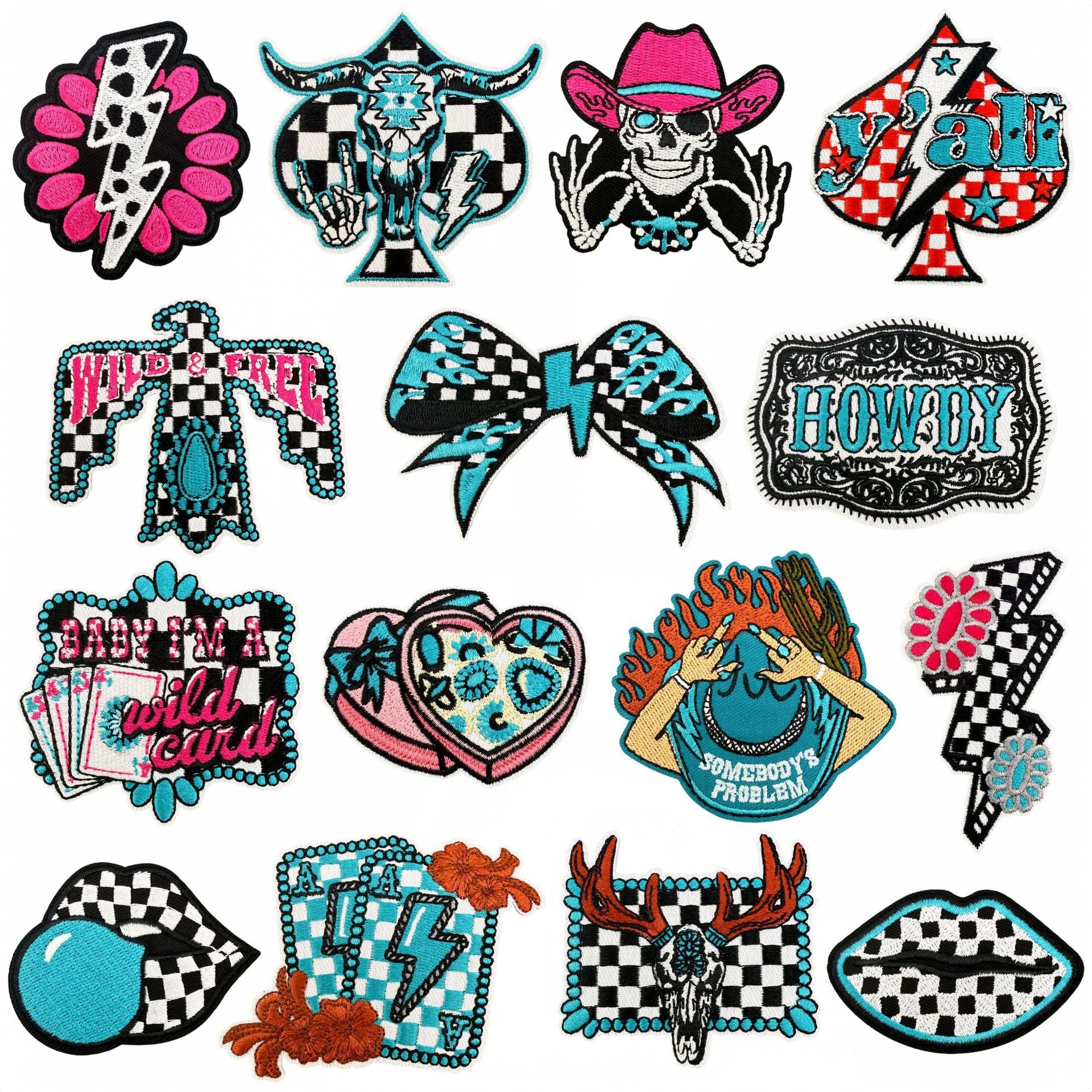 Wholesale Western Style Embroidered Patch Set Skull Checkerboard Design Polyester Thread Fashion Decorative Accessory Gift And Boutique Resale
