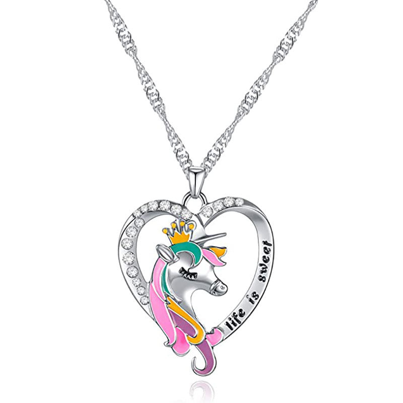 Wholesale Ballerina Girl Unicorn Rainbow Mermaid Pendant Sweater Necklace