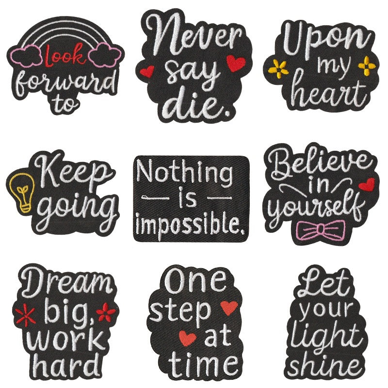 Wholesale Embroidered Patch Set Of 9 Cartoon Math English Phrase Iron On Applique For Clothing Bags Towels DIY Craft Supply