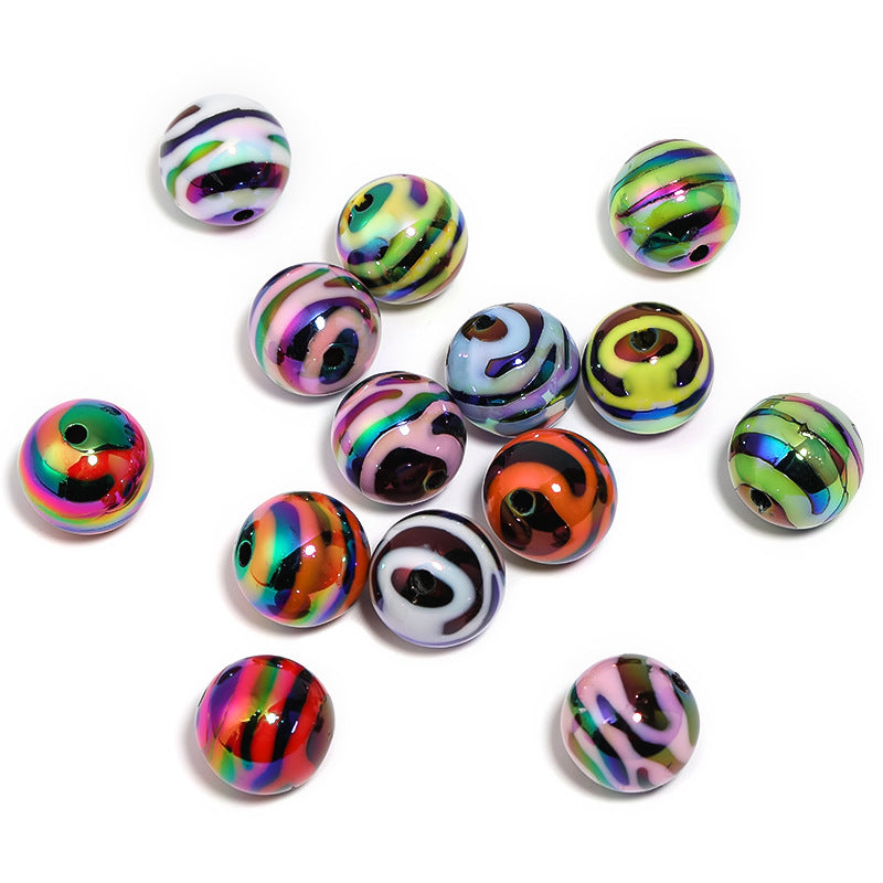 Wholesale 50pcs UV Coated Acrylic Zebra Patterned Lines, Round Beads, Colored Stripes, DIY  Beads