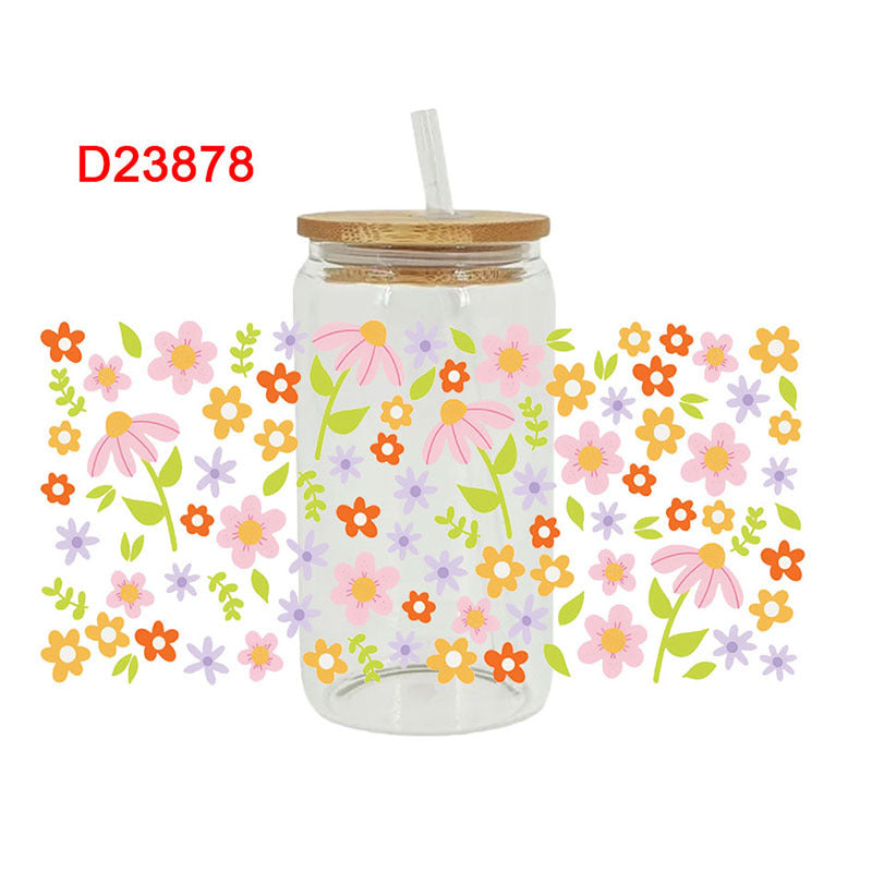 Wholesale Colorful flowers and leaves 16oz Cup UV DTF Wraps