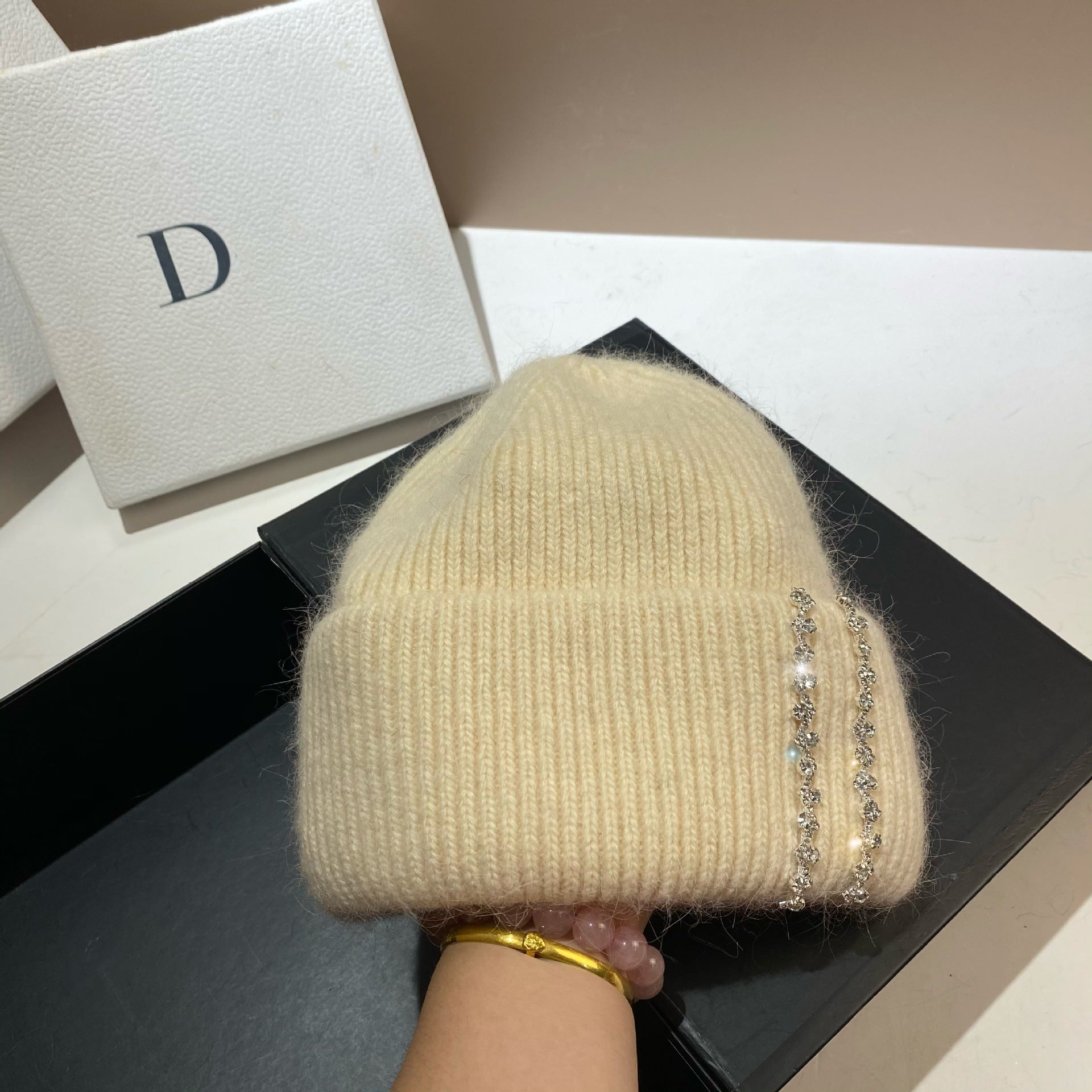 Wholesale Long Rabbit Fur Bi-fold Knitted Rhinestone Beanie
