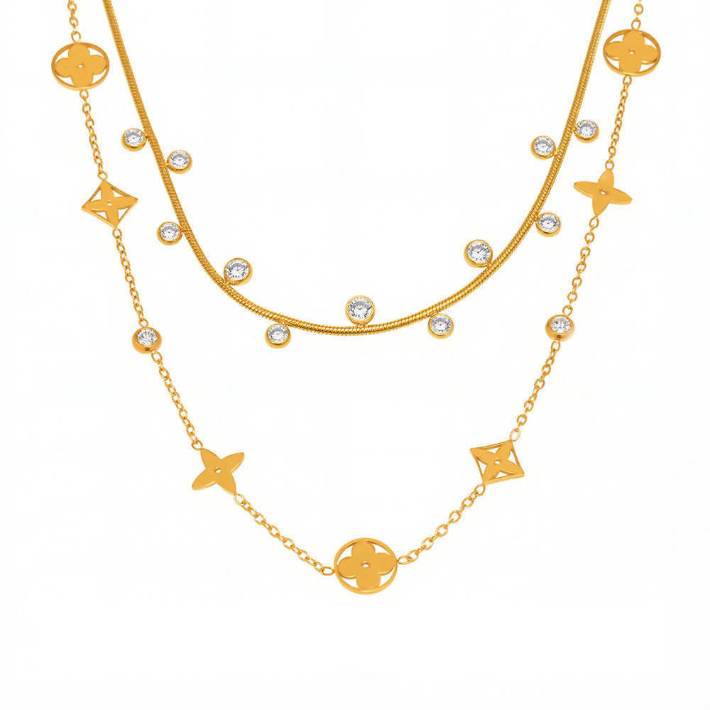 Wholesale 18K gold-plated round beads and zircon hollow lucky four-leaf flower stacking necklace