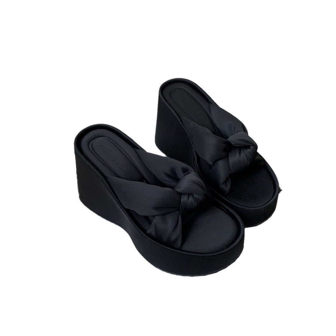 Wholesale Women's Summer Outfit Thick Bottom Dress High-heeled Beautiful Black Wedge Sandals