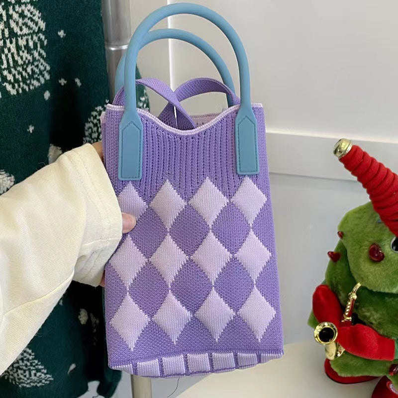 Wholesale Candy Color Mobile Phone Bag Large Capacity Diamond Check Knitted Bag