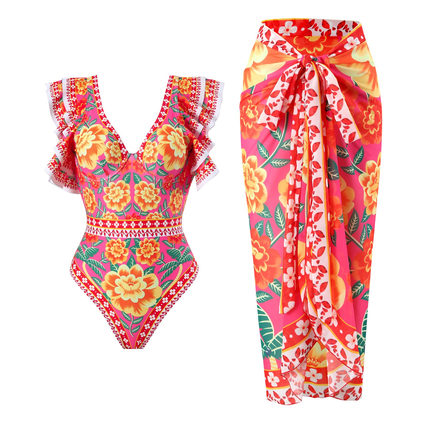 Wholesale Hot Spring Sexy One-piece Conservative Printed Swimsuit Wrap Skirt Suit