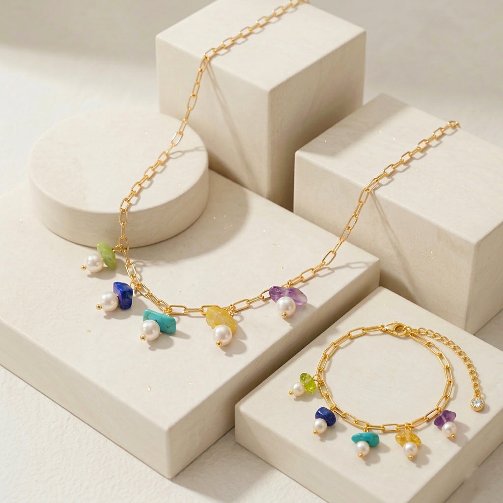 Wholesale Jewelry Set Women' s Natural Stone Pendant Accessories  Titanium Steel Bracelet and Pearl Necklace Set