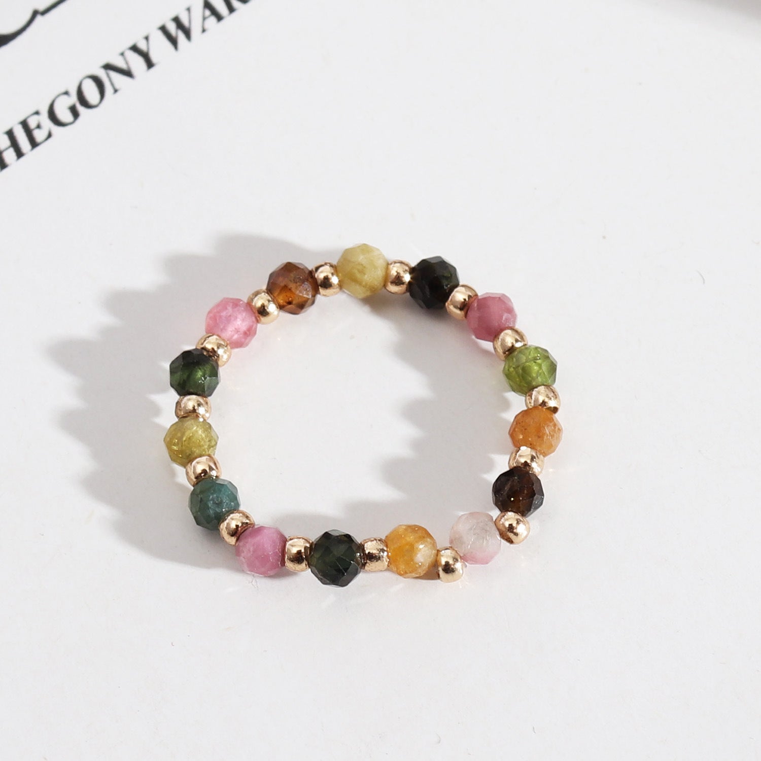 Wholesale Trendy Natural Tourmaline Faceted Beaded Stretch Line Statement Ring