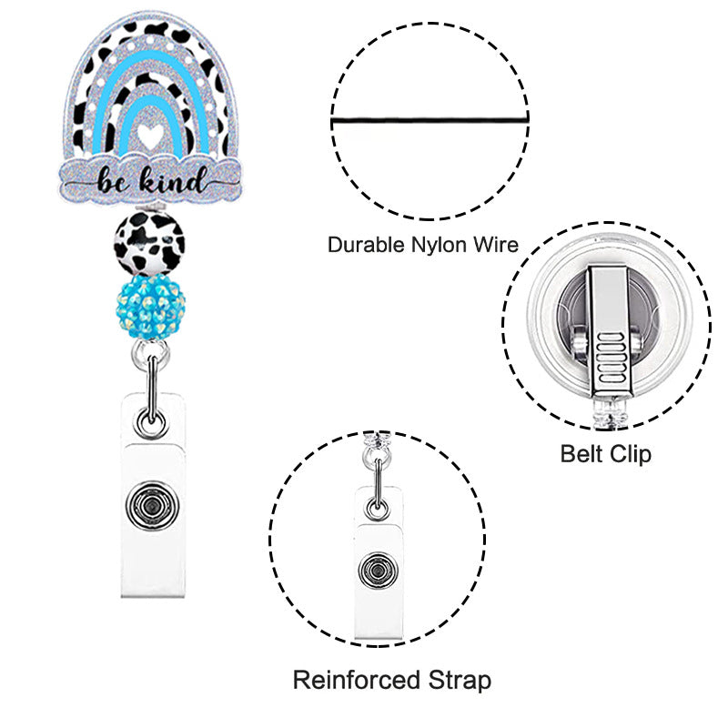 Wholesale Badge Reels Rainbow Cow Acrylic Beaded Ball Badge Scroll Retractable Keychain