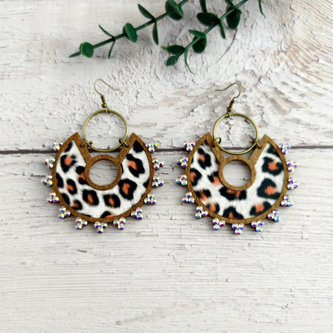 Wholesale Wooden Cut Double-layer Skin Leopard Print Exaggerated Retro Personality Grape String Earrings