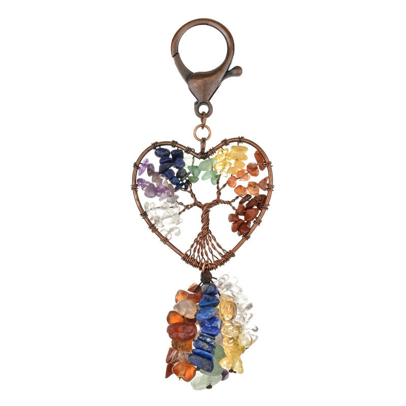 Wholesale Natural Crushed Stone Circular Life Tree Winding Copper Keychain