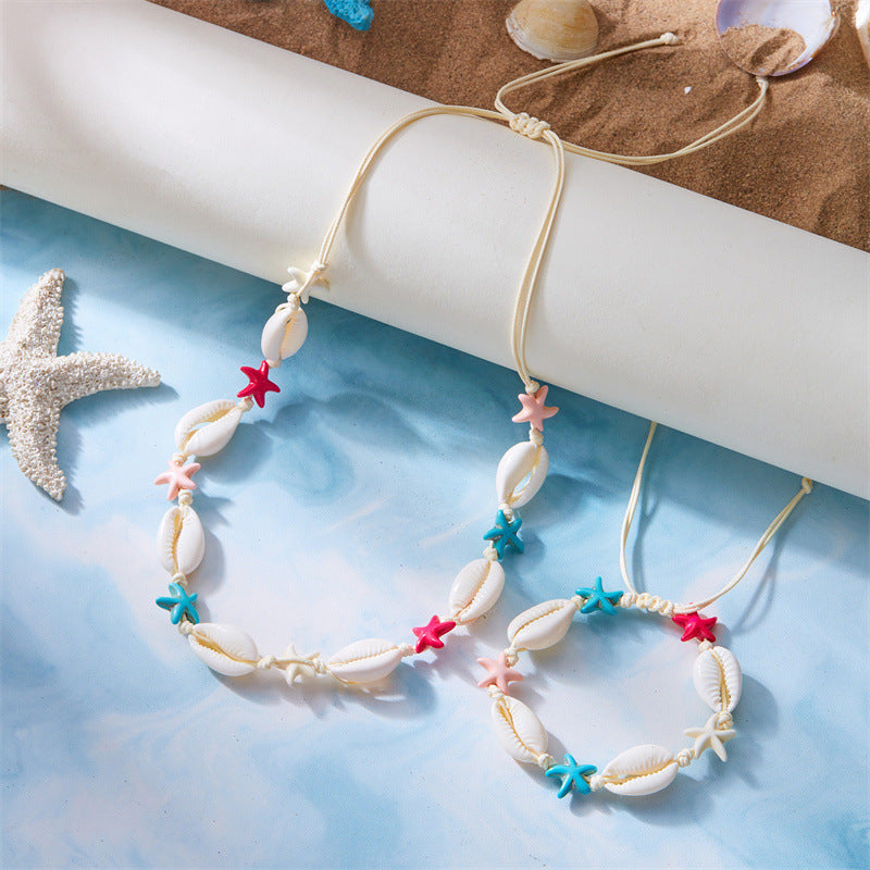 Wholesale Summer Bohemian Colorful Starfish Shell Braided Bracelet Necklace Set
