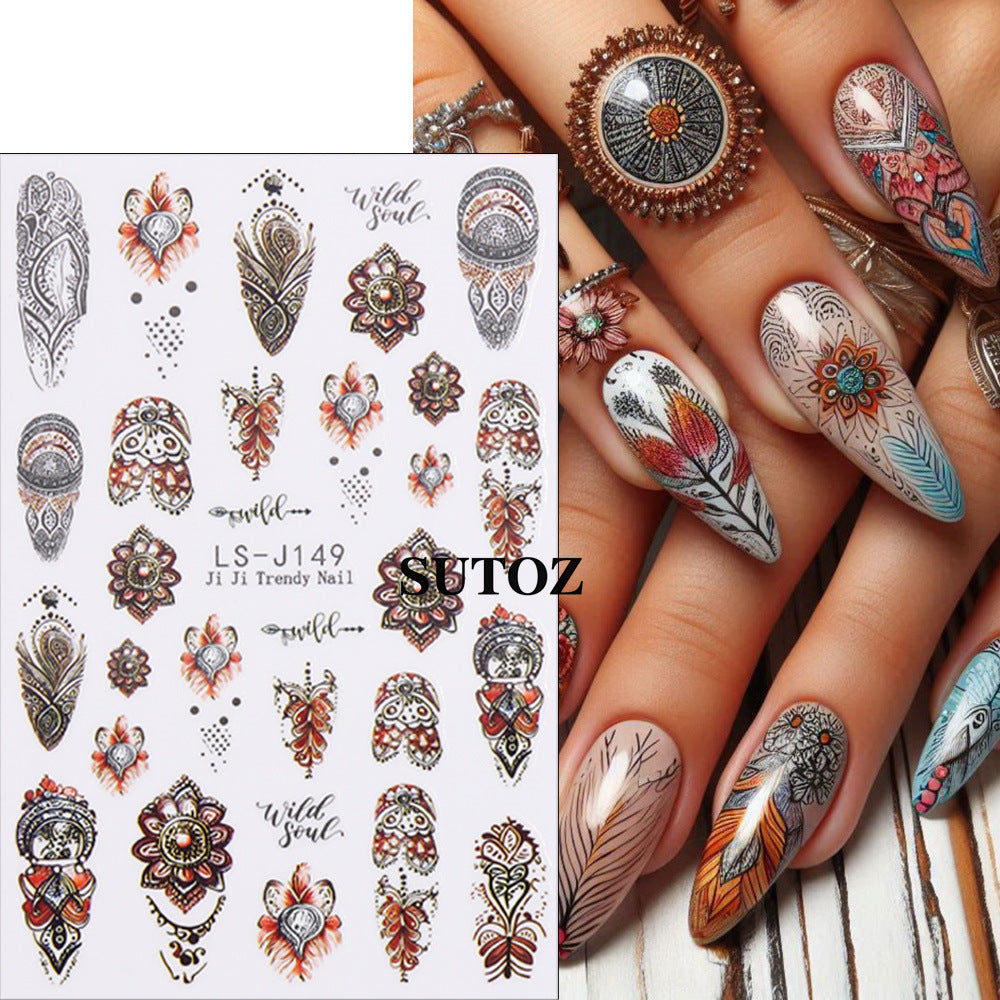 Wholesale 3pcs Nail Art Stickers: Retro Bohemian Feather Pattern