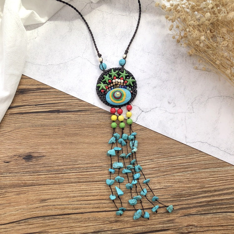 Wholesale Handmade Bohemian Vintage Natural Gravel Tassel Braided Necklace