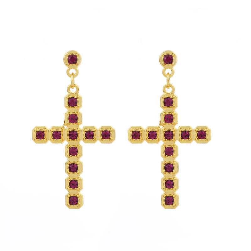Wholesale Gute Alloy Inlaid Colored Diamond Cross Super Flash Ladies Earrings