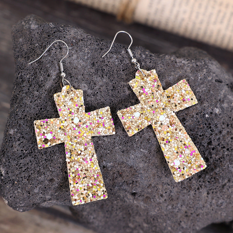 Wholesale Sequin Cross Leather Earrings