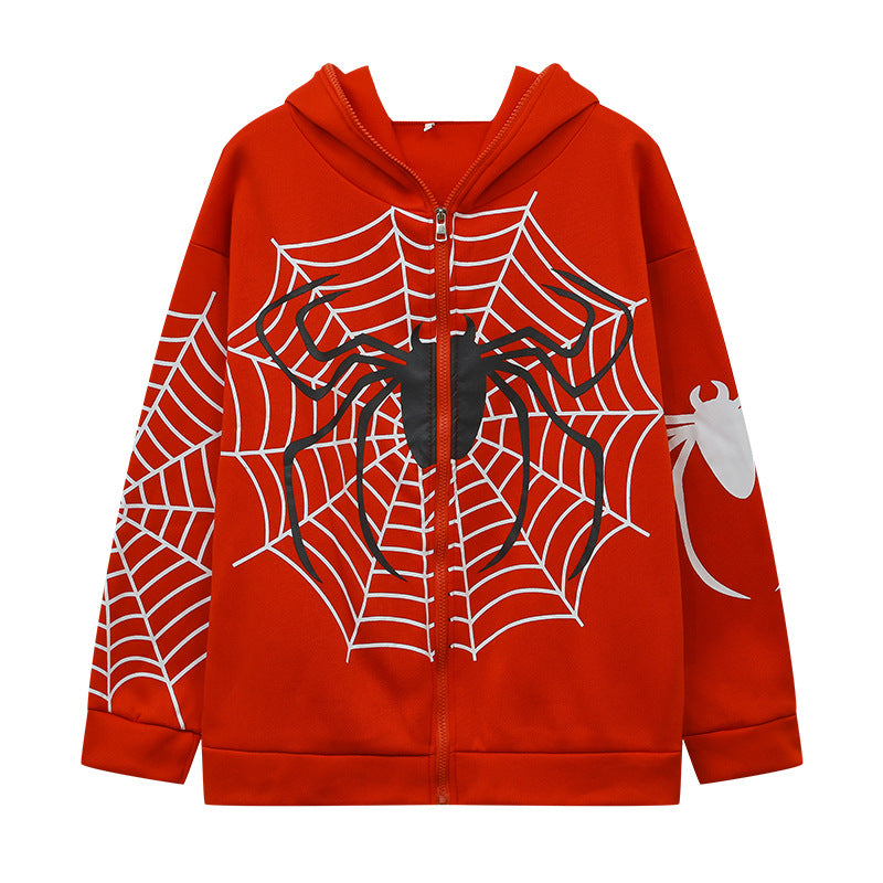 Wholesale Polyester Spider Web Zipper Sweater Casual Hoodie Spring and Autumn Fleece American Coat Top