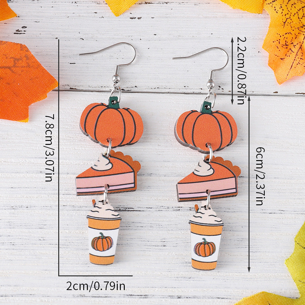 Wholesale Autumn Harvest Thanksgiving Triple Pendant Earrings Wooden Double-Sided Earrings