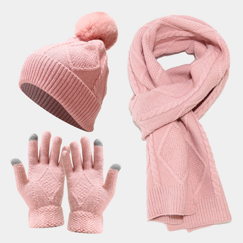 Wholesale Autumn and Winter Cold-proof and Warm Thickened Woolen Knitted Scarf and Gloves Three-piece Set