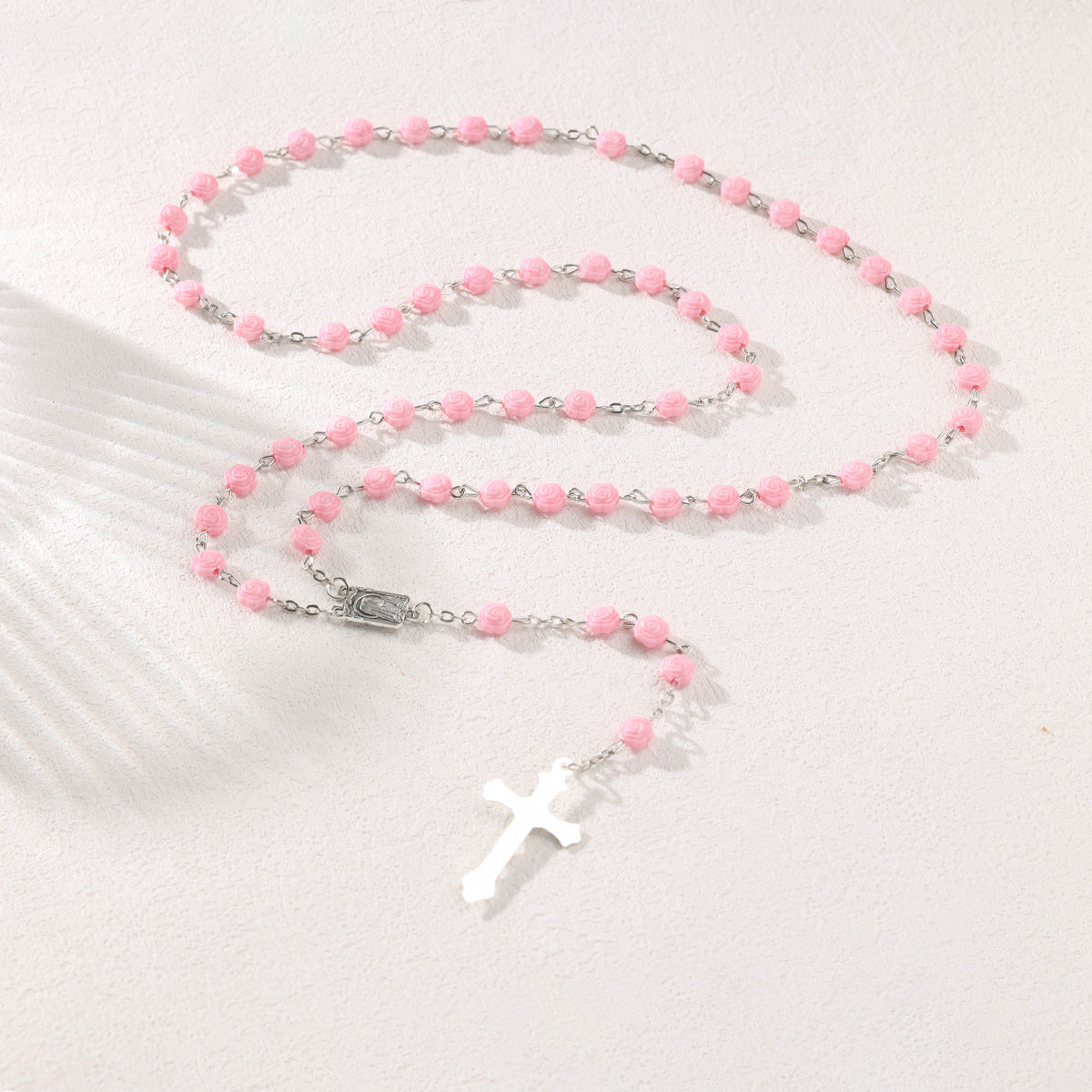 Wholesale 10pcs/pack  Pink Rose Flower Beaded Cross Bracelet Necklace