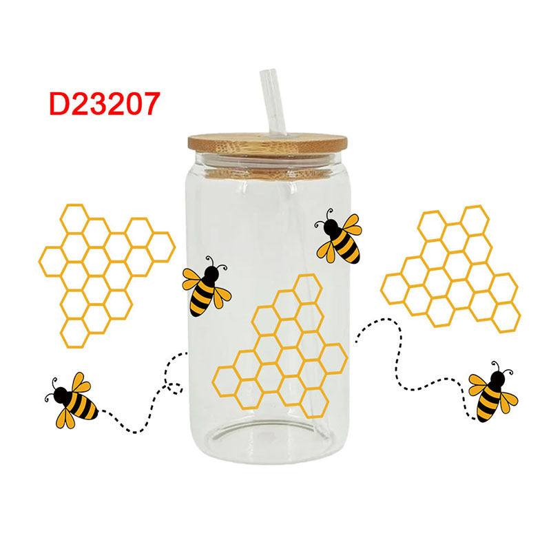 Wholesale Cartoon Cute Yellow Bee Butterfly Flower Theme 16oz Cup UV DTF Wraps