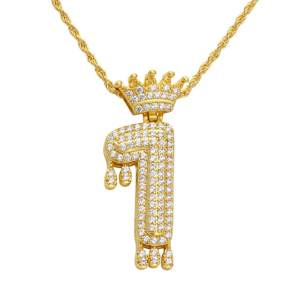 Wholesale Lucky Number Zircon Full Diamond Crown Pendant Necklace