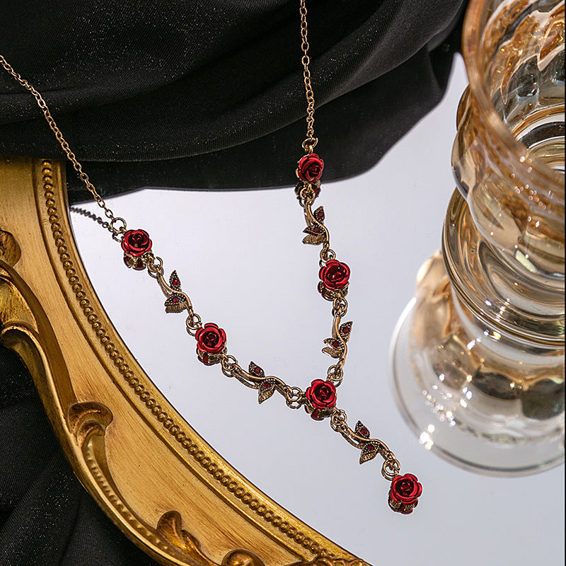 Wholesale Girl Mori Rose Earrings Vintage Romantic Red Flower Necklace suit
