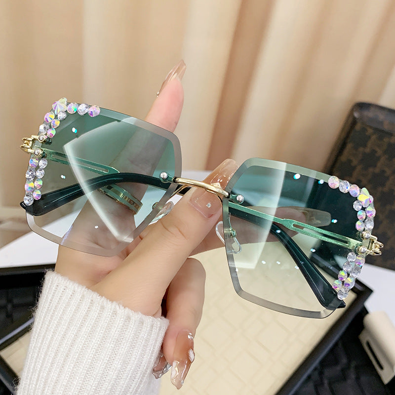 Wholesale Glittery Starry Sky Diamond Large Frame Cut Edge Square Frame Sunglasses