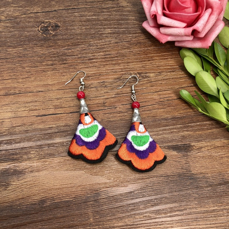 Wholesale Embroidered vintage fabric flower tassel earrings