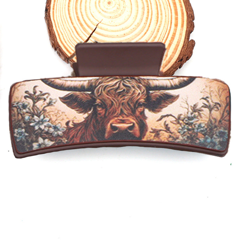 Wholesale PU Leather Non Slip Claw Clip With Western Cowboy Bull Head Flower Pattern For Women Everyday Styling