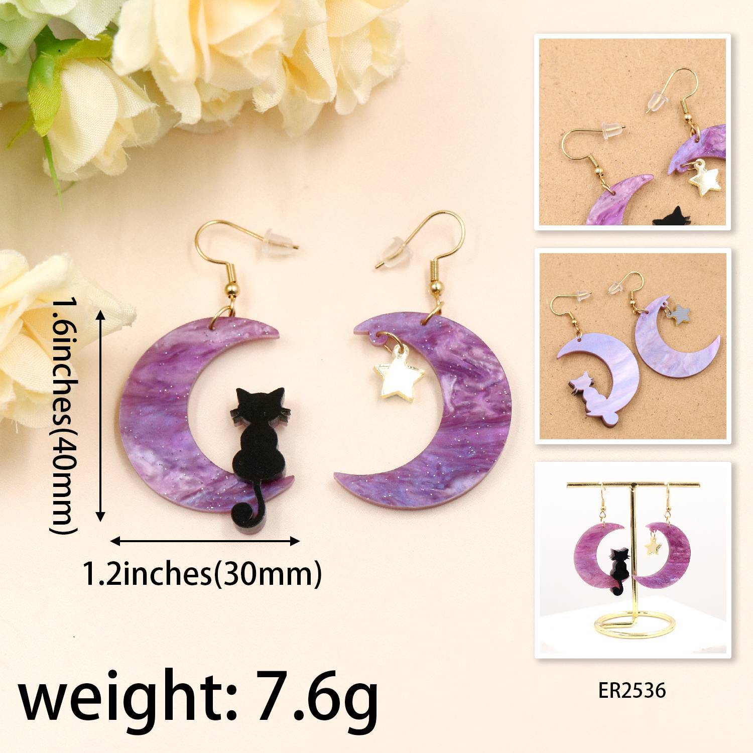 Wholesale Cute Cartoon Animal Cat Moon Acrylic Earrings