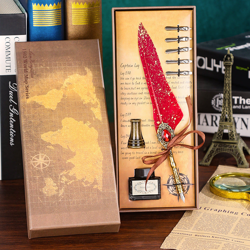 Wholesale Dip Pen Retro Spilled Gold Feather Pen Set Gift Box Gift