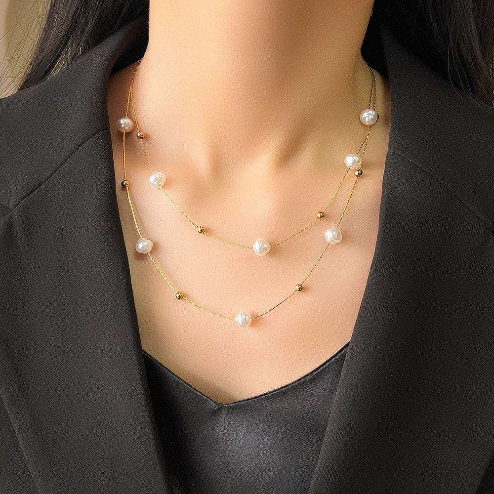 Wholesale Vintage Baroque Pearl Double Layer Clavicle Titanium Steel Necklace