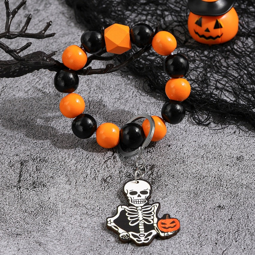 Wholesale Halloween Wooden Spooky Pumpkin Spider Beaded Wrist Keychain