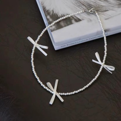 Wholesale Sweet Style Ribbon Bow Pearl Necklace Clavicle Chain