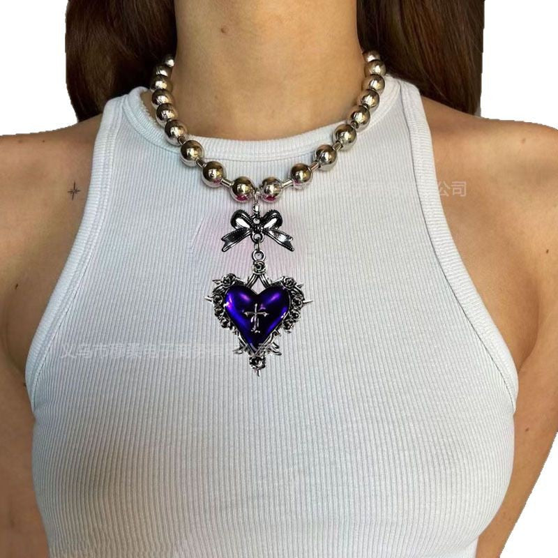 Wholesale Retro dark gothic punk red and black love bow cross metal necklace