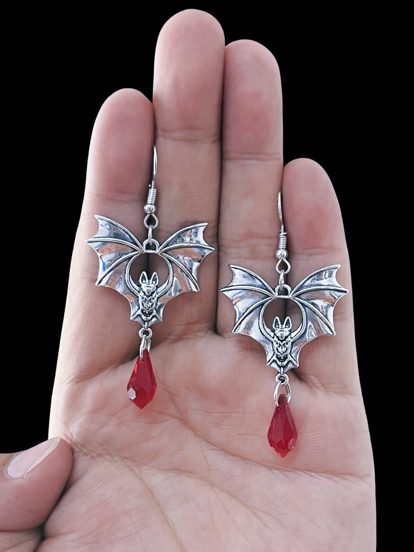Wholesale Diablo Gothic Punk Style Black Bat Red Crystal Earrings Ladies Halloween