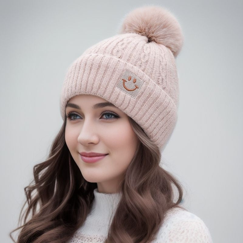 Wholesale Autumn/Winter Cute Versatile Plush Thickened Wool Ball Knitted Warm Ear Protector Hairline Hat