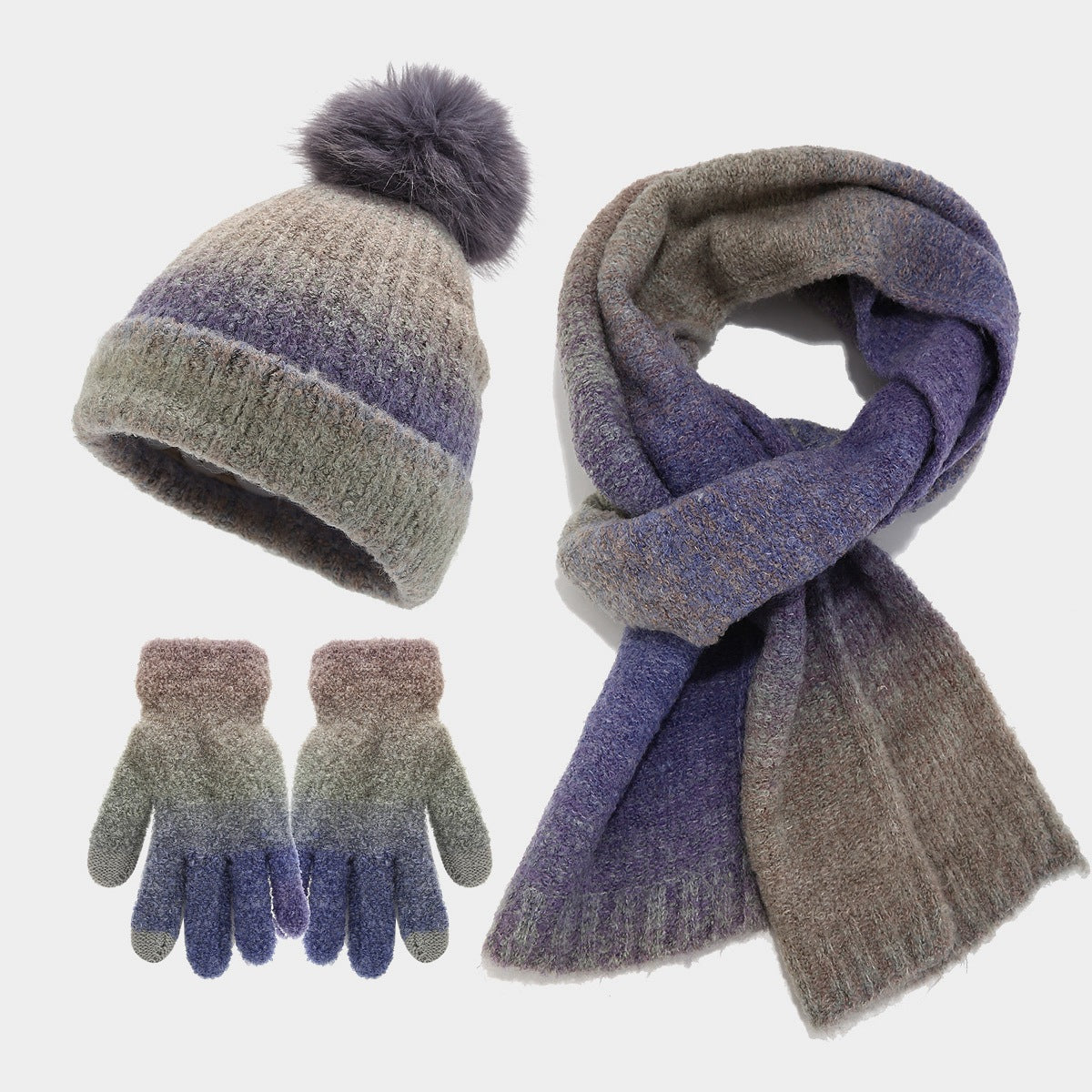 Wholesale Tie-dyed Wool Hat Scarf Gloves Three-piece Set Fashion Wool Ball Knitted Hat Set
