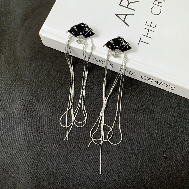 Wholesale Design Enamel Fan Tassel New Chinese Style Retro Temperament Personality Earrings Ear Studs