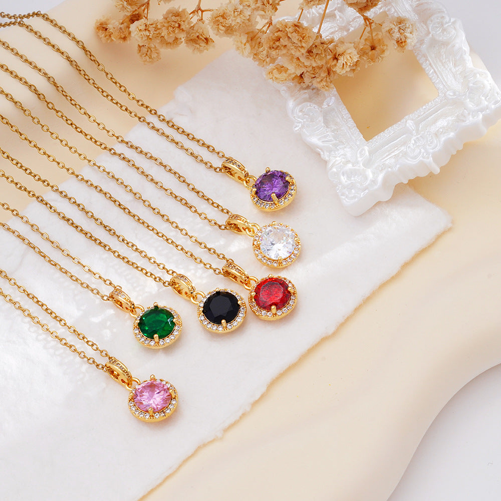 Wholesale Copper Inlaid with Zircon Geometric Round Necklace Stainless Steel Clavicle Chain Jewelry