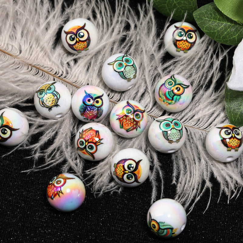Wholesale 100pcs Cute Owl Print Acrylic Cartoon Animal Diy Beads