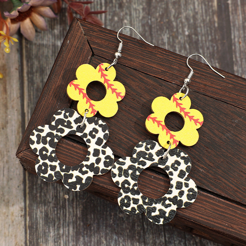 Wholesale Sporty hollowed-out floral cow print retro wooden earrings