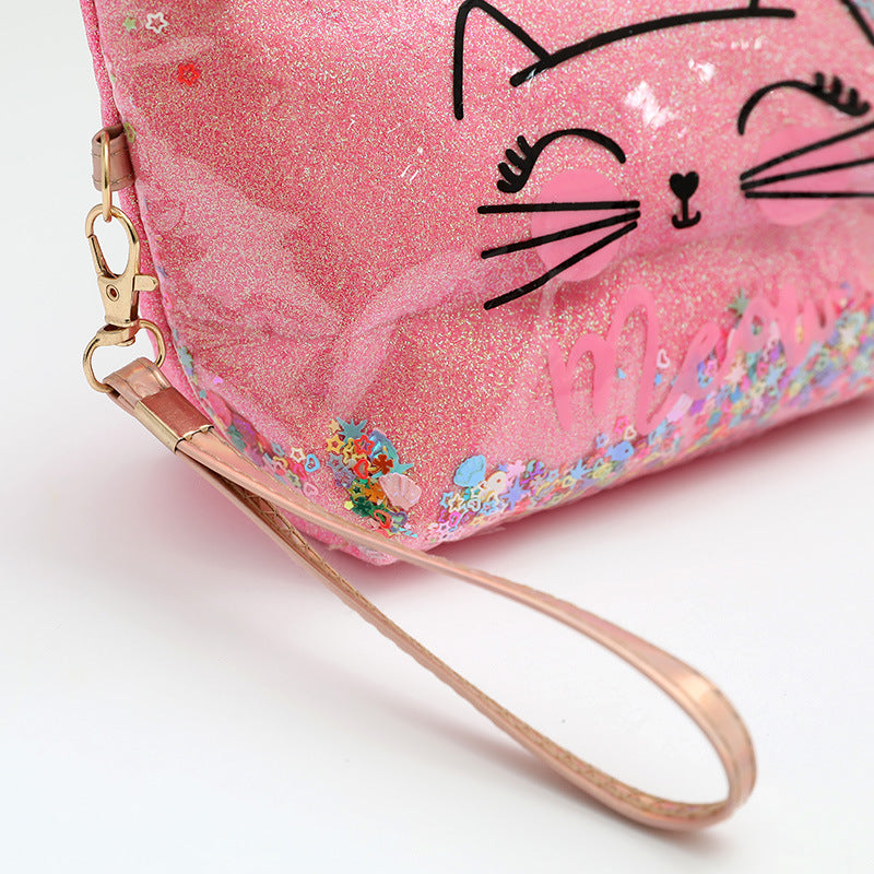 Wholesale Cat cartoon cosmetic bag quicksand pencil case cosmetic bag