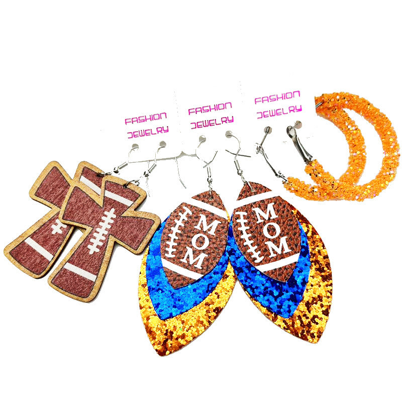 Wholesale 2 Sets Sports Rugby Field Cheer Football Cross Glitter Leather Earrings