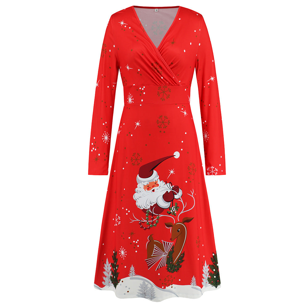 Wholesale Women's V Neck Long Sleeve Christmas Printed Dress